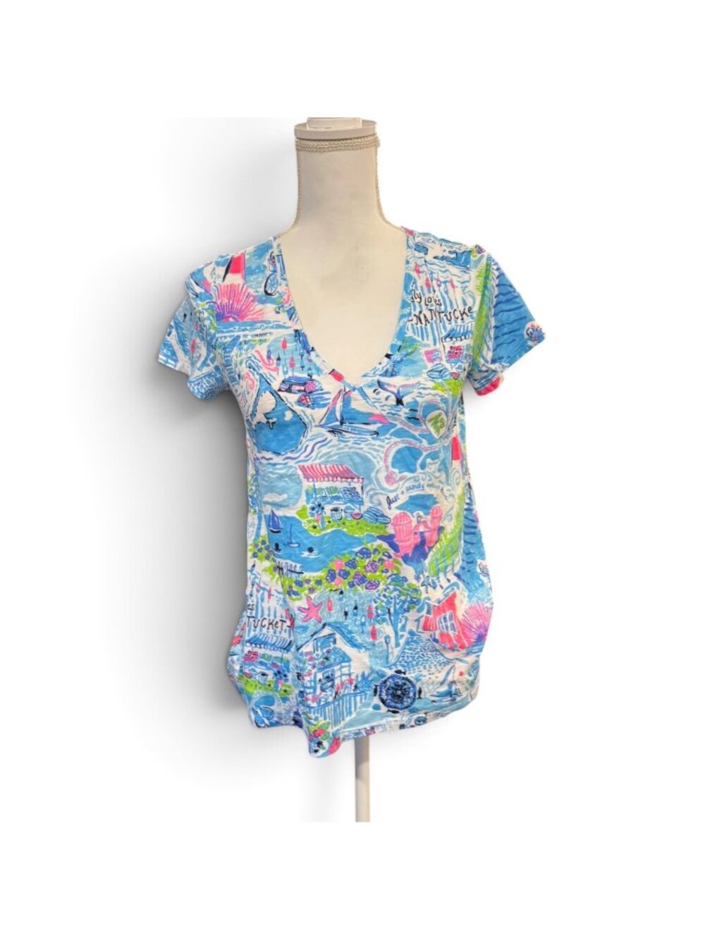 Lilly Pulitzer Nantucket Map Print V-Neck T-Shirt, XXS NWOT